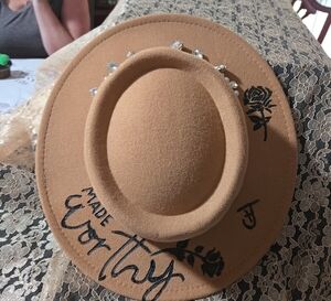 Tan Felt Hat with Embroidered Details